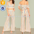 Striped Cold Shoulder Surplice Crop Top With Slit Pants Manufacture Wholesale Fashion Women Apparel (TA4085SS)